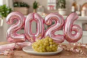 Pink 2026 foil balloons with green grapes on white plate and fes, a Holiday Photo by José Manuel Gelpi