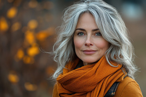 Middle aged woman with gray hair smiles warmly in a vibrant fall setting, a Person Photo by AlyaAnd