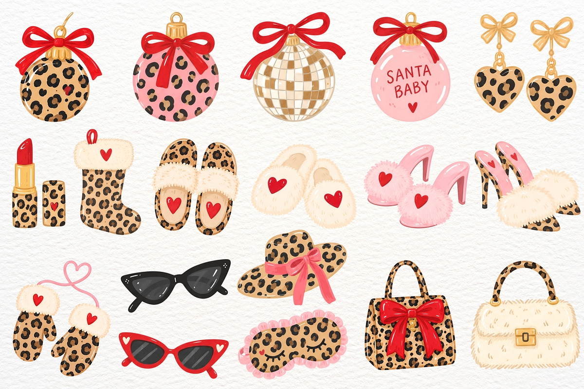 Girly Christmas Clipart Leopard Bow, a Seasonal Illustration by SugarCloudStudioArt (Photo 6 of 6)