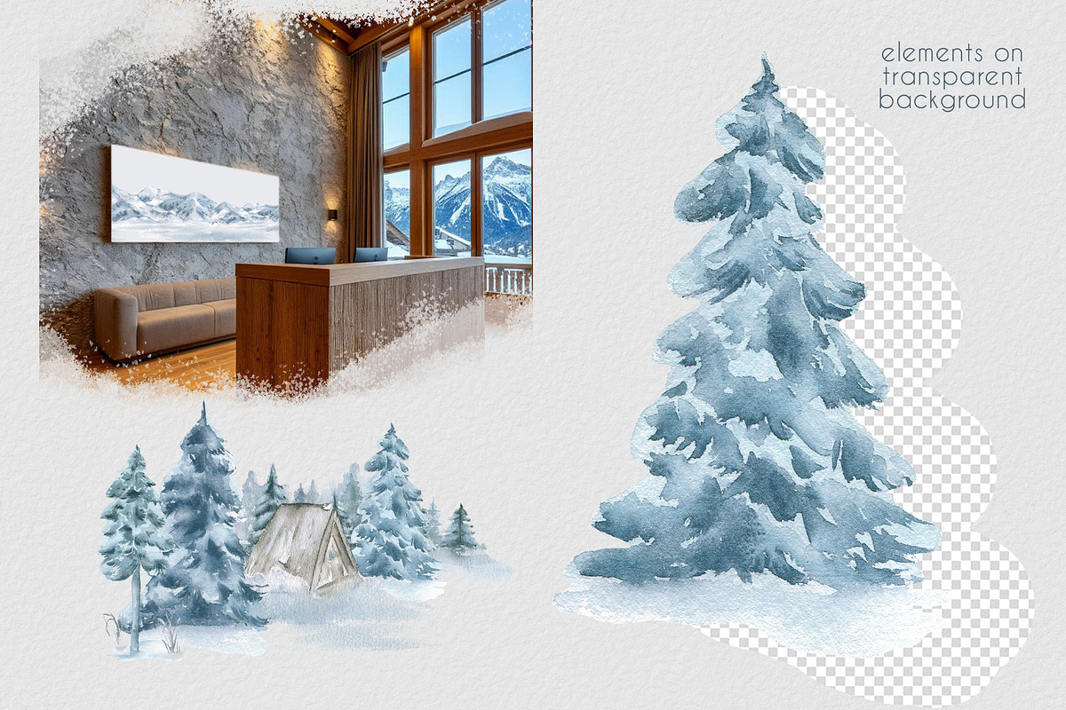 Winter landscape watercolor clipart, an Illustration by Kate Lanbina (Photo 4 of 12)