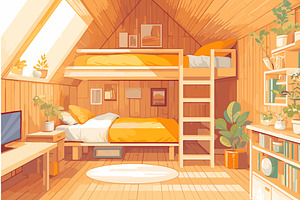 Cartoon bedroom interior with a bunk, an Object Illustration by LadadikArt