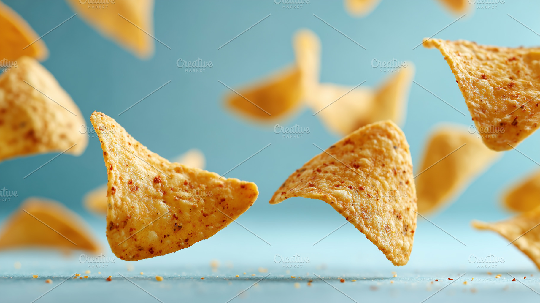 Crispy tortilla chips float in air, a Food & Drink Photo by MistyDay