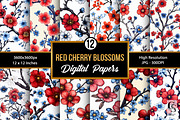 Red Blue Cute Cherry Blossoms Papers, a Pattern Graphic by Creative Store (Thumbnail 1 of 5)