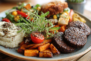 Healthy vegan plate lentil patties, a Food & Drink Photo by MistyDay