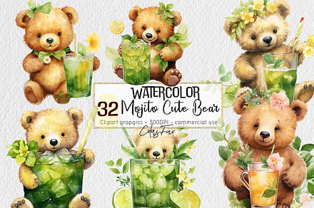 Watercolor Cute Bear Summer Mojito