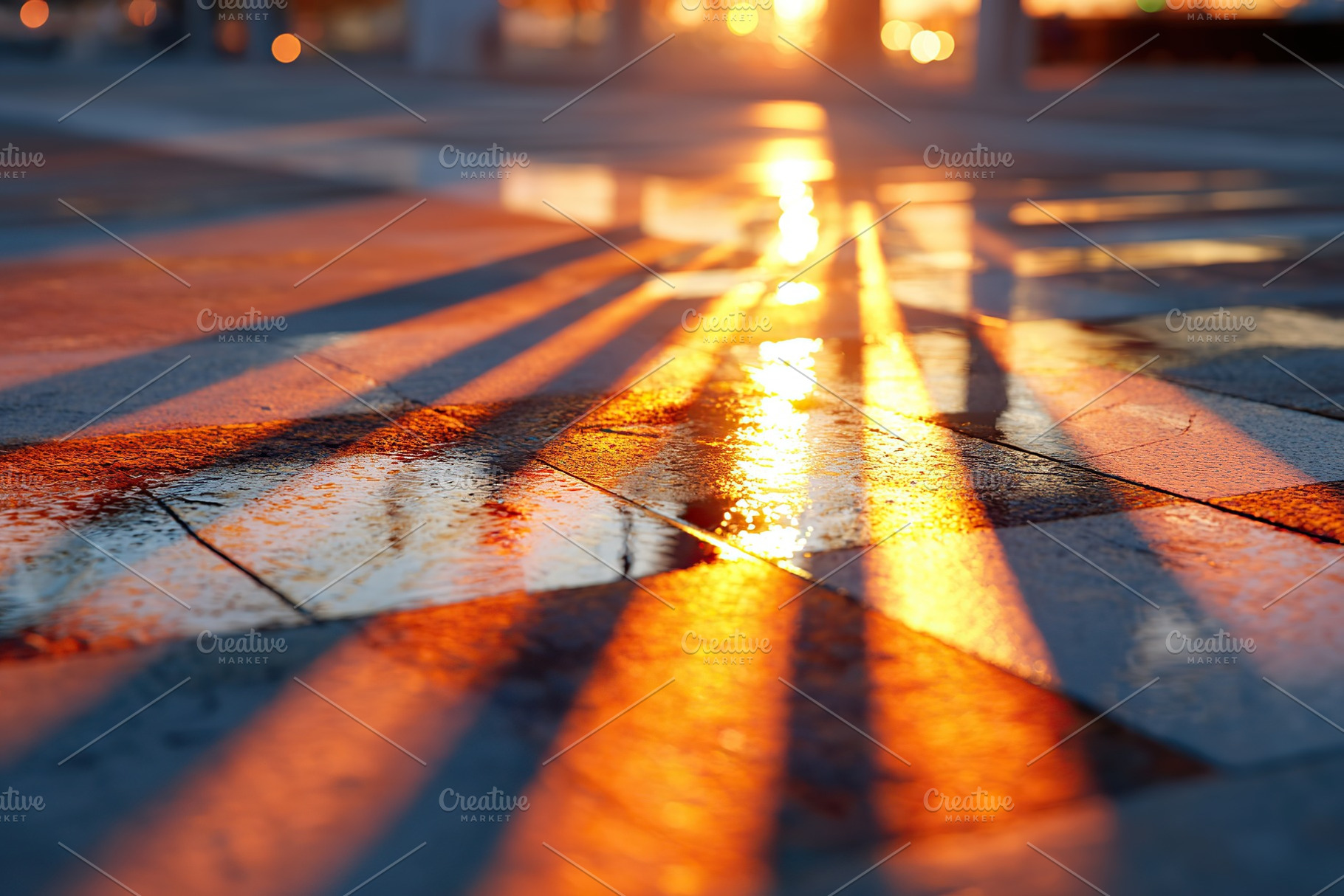Sunlight reflecting on wet pavement during sunset in an urban setting, a Photo by AlyaAnd