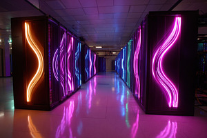 Row of black computer servers in a data center with glowing lighting, a Technology Photo by AlyaAnd