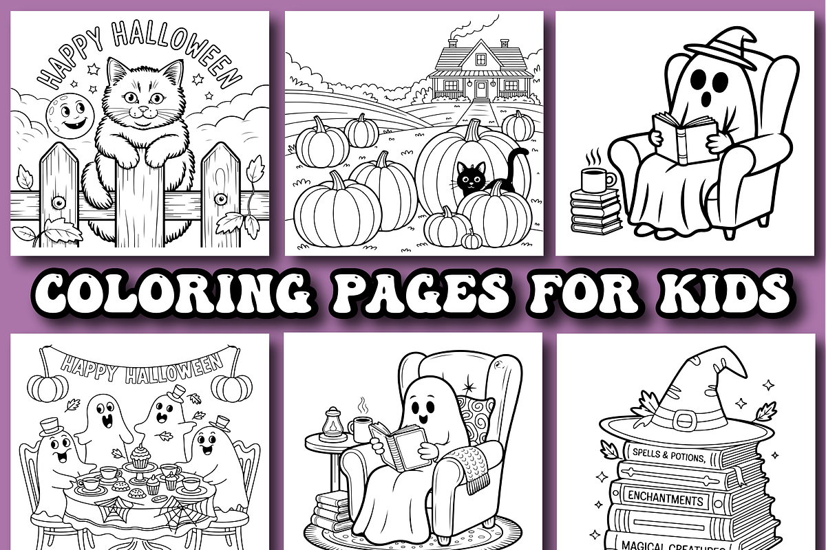 Cozy Halloween Kids Coloring Pages, a Seasonal Illustration by Printable Design Store (Photo 3 of 4)