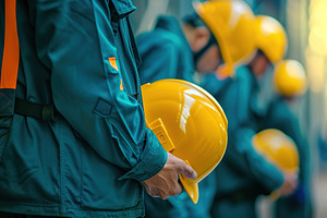 Yellow safety helmet in worker hands on blurred background, an Industrial Photo by AlyaAnd