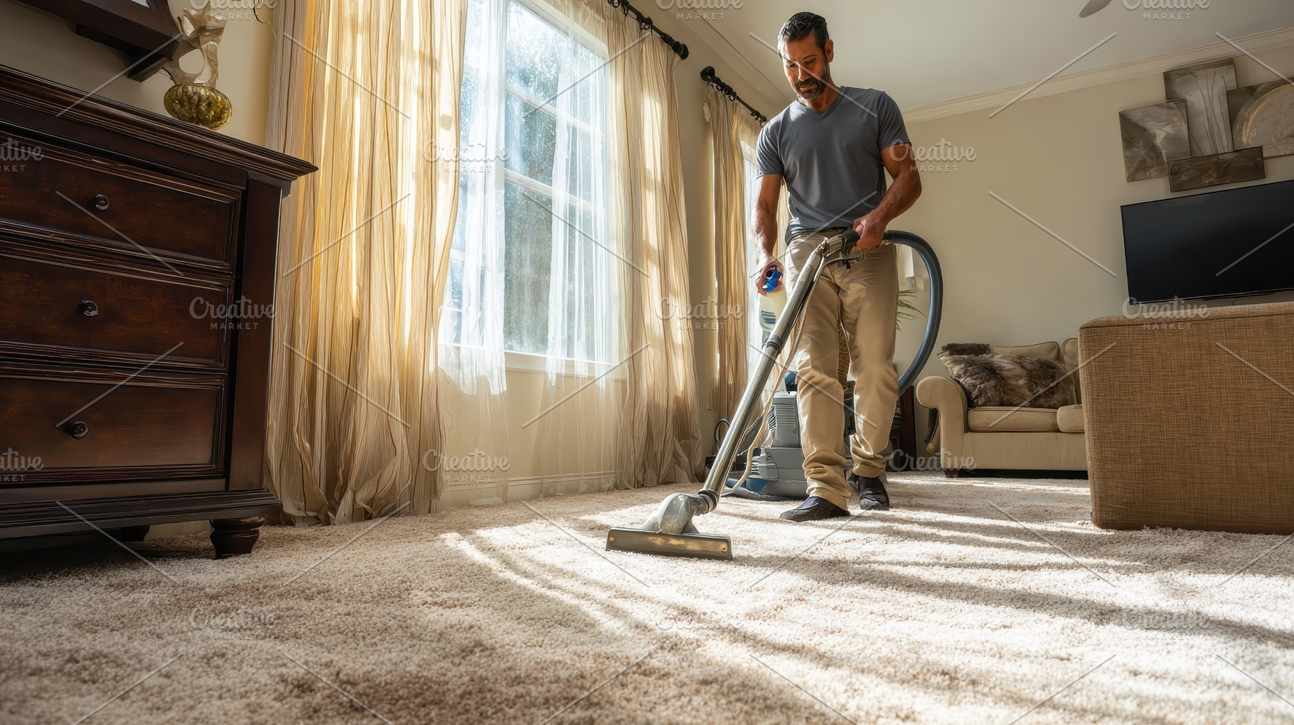 Man vacuuming beige carpet in sunny, an Abstract Photo by Pixeness Studio