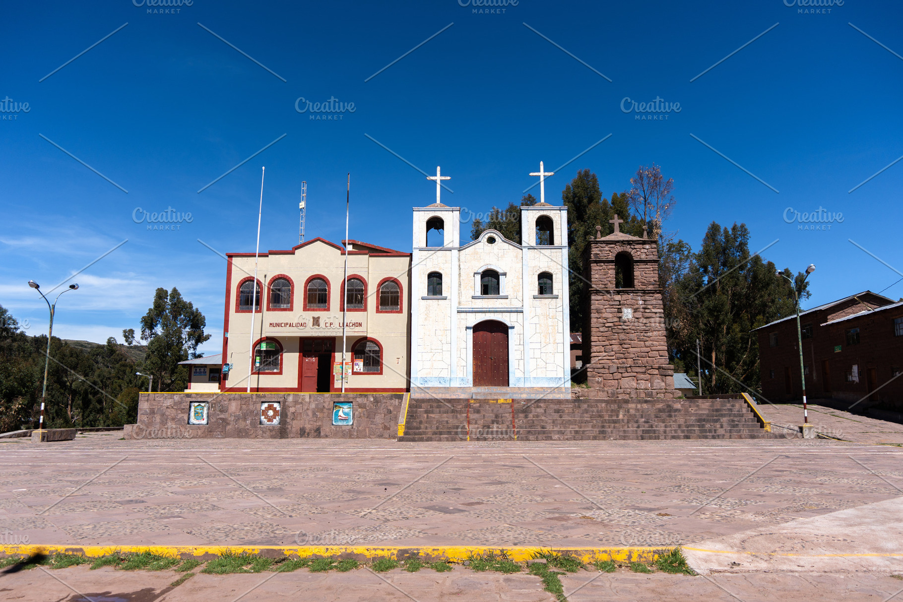 Church and municipal building of Llachon near Lake Titicaca, Per, an Architecture Photo by GoodGoods