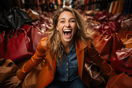 Happy girl laughing surrounded by nu, a Photo by SaroStock