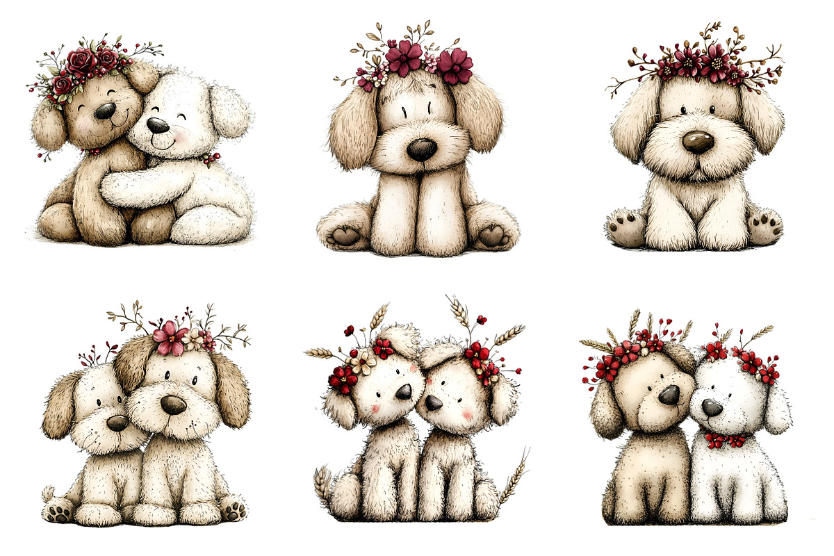 Whimsical Dogs Floral Clipart, an Illustration by SinaCreation (Photo 2 of 11)