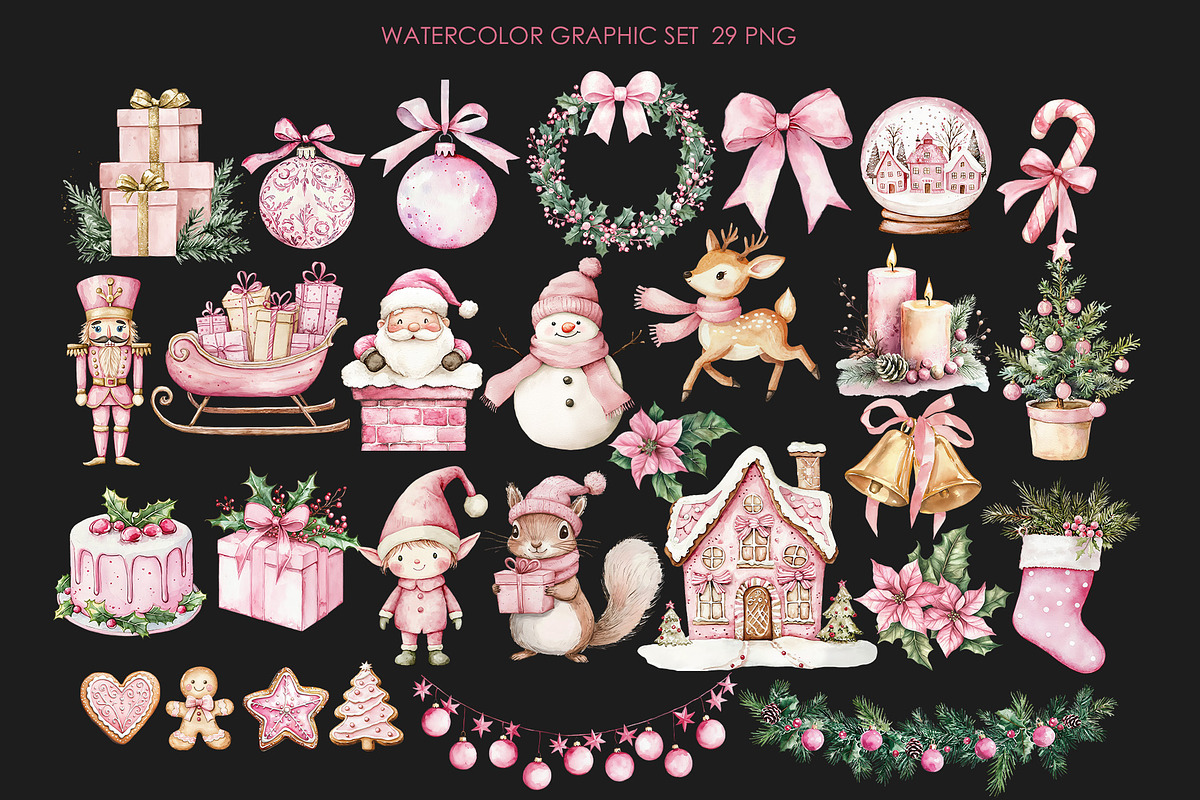 Pink Christmas watercolor clipart., a Graphic by AquarelleSpace (Photo 3 of 4)
