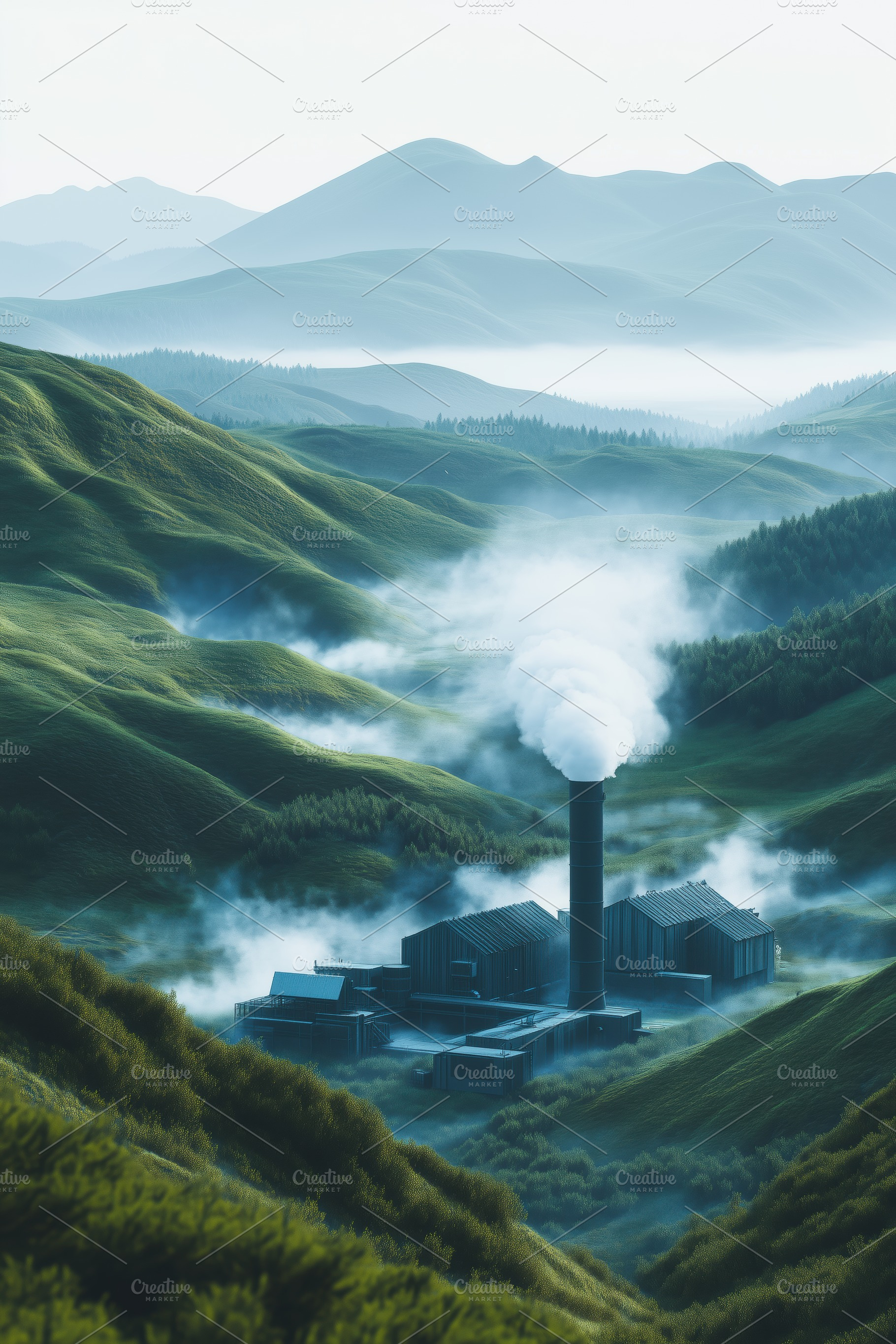 A serene landscape featuring rolling green hills and a factory emitting white s, an Industrial Photo by Textures & Backgrounds