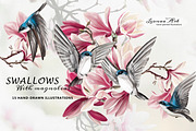 Swallows with magnolias Clipart Set, a Seasonal Illustration by Leonaa art (Thumbnail 1 of 11)