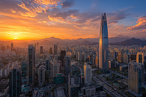 Seoul Skyline Sunset Lotte World Tow, a Photo by Pixeness Studio