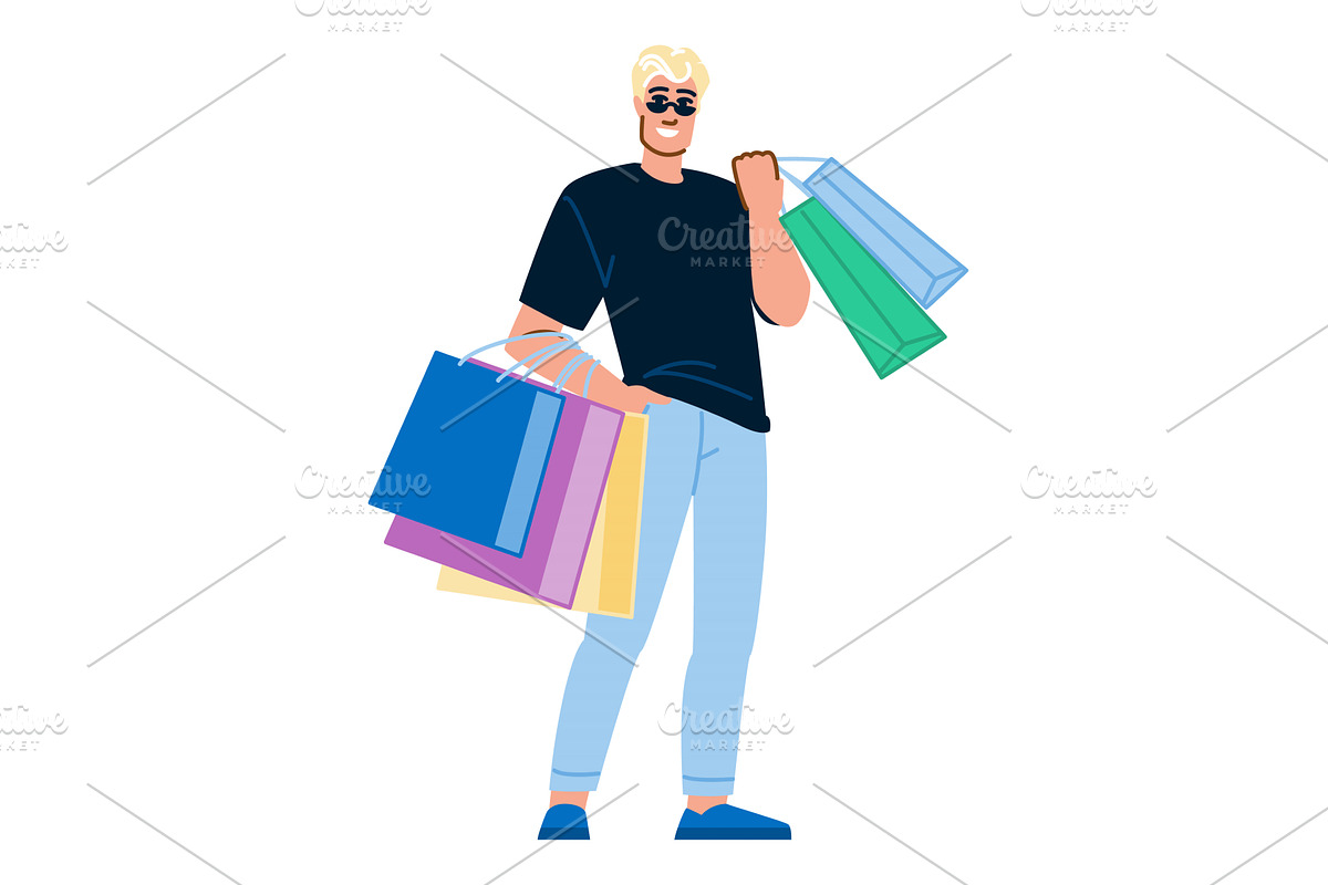 Smiling blond man holding shopping, an Object Illustration by pikepicture