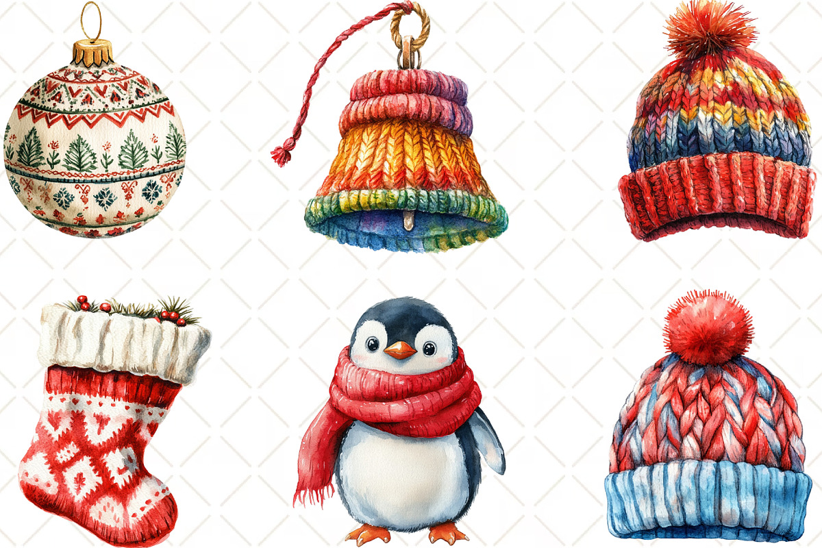 Watercolor Christmas Knitted Clipart, an Illustration by Black Bird Studio (Photo 4 of 6)
