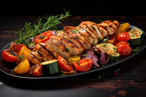 Chicken marinated fillet meat with vegetables on wooden table, a Food & Drink Photo by AlyaAnd