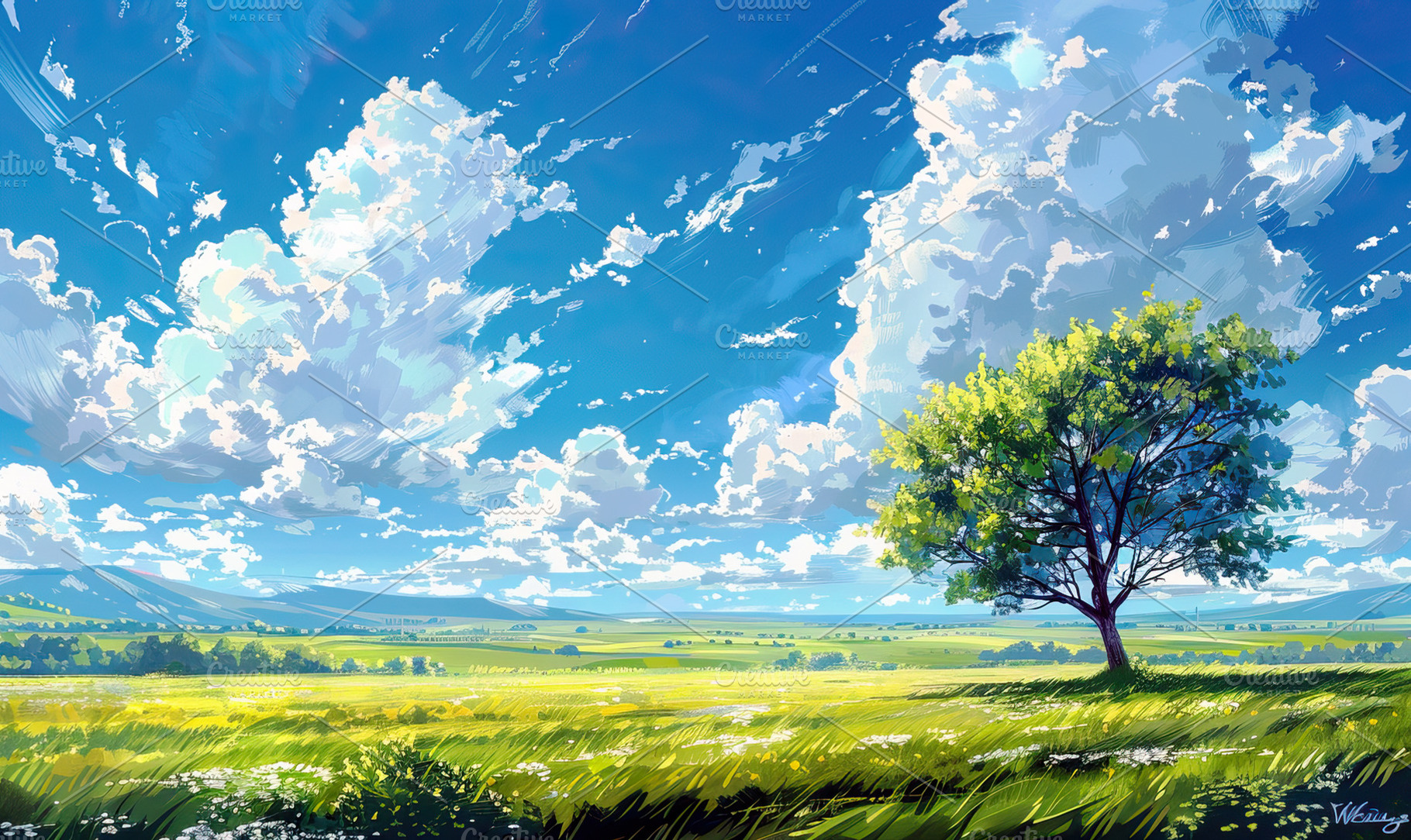 Lush green field under blue skies wi, a Photo by LOGOCREATIVE