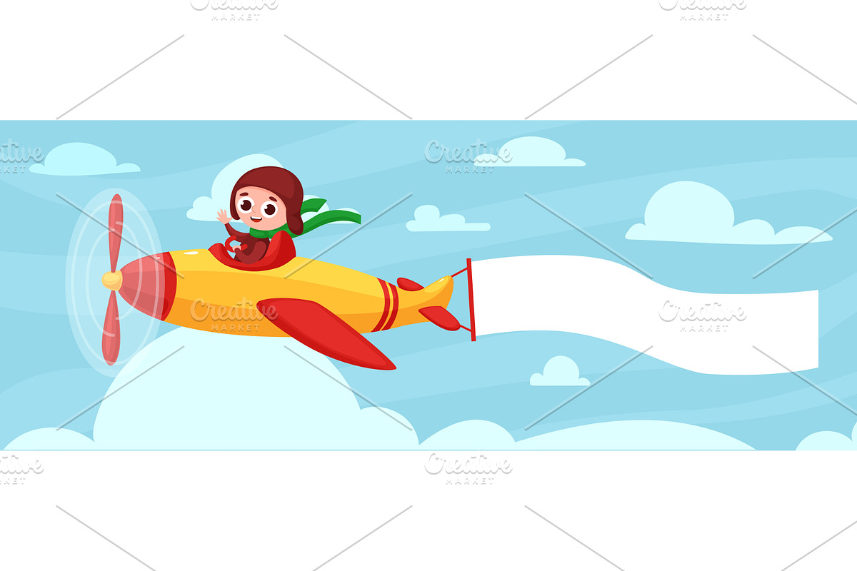 Kid pilot with banner. Boy flying on, a Transportation Illustration by LadadikArt