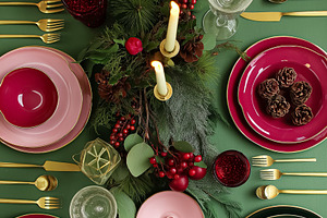 Elegant Christmas dining table setting with pink, green, and gold colors, celeb, a Food & Drink Photo by Studio ANNA