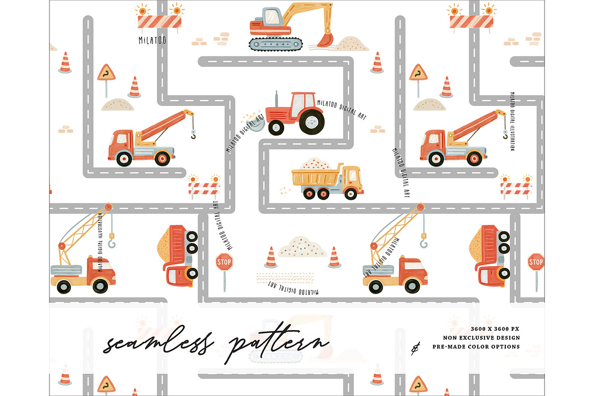 Construction Truck Seamless Pattern, a Pattern Graphic by Milatoo (Photo 1 of 4)
