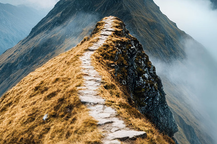 Narrow Ridge Trail Leading to Dramatic Mountain Peak, an Abstract Photo by Natalia Klenova's Shop