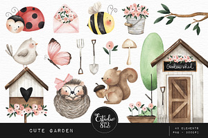 Cute garden watercolor clipart set