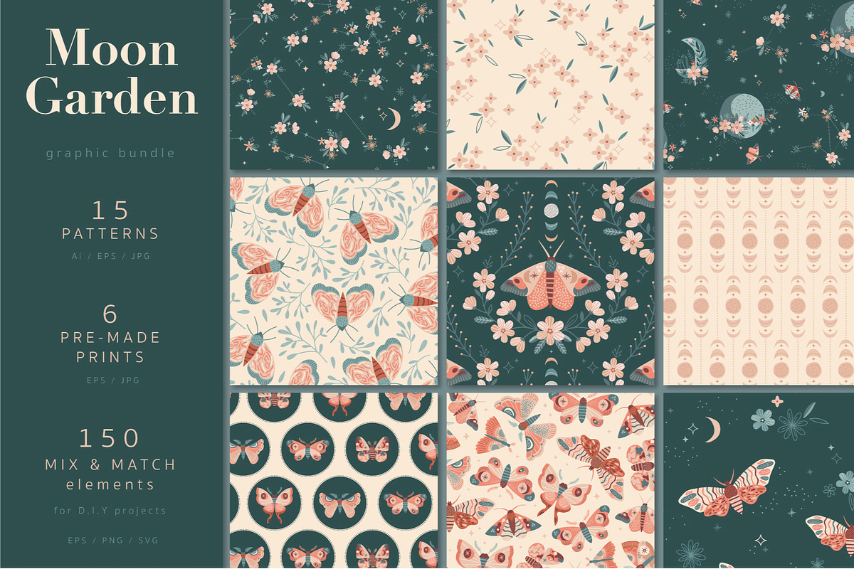 Moon Garden pattern & clipart, a Pattern Graphic by @olga.angelloz (Photo 16 of 16)