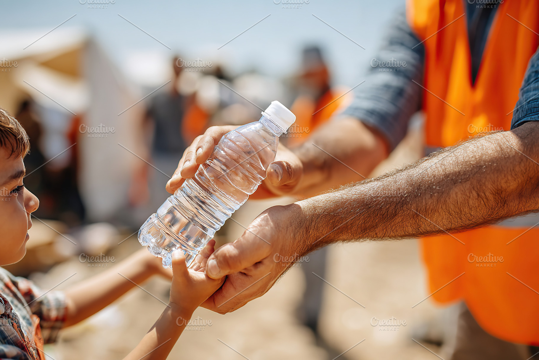 Child receives bottled water from a volunteer in a humanitarian aid distributio, a Photo by AlyaAnd