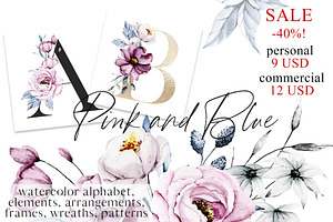 SALE! Watercolor pink & blue flowers