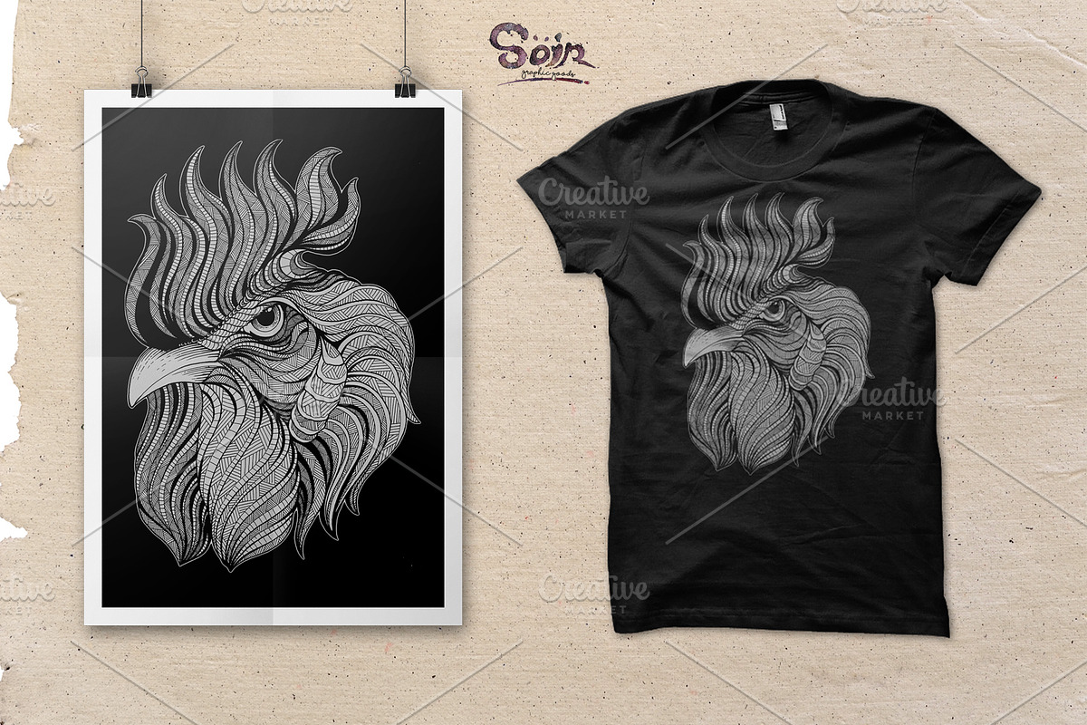 Rooster T-shirt design (Hand drawn), an Illustration by Soir Creative (Photo 3 of 3)