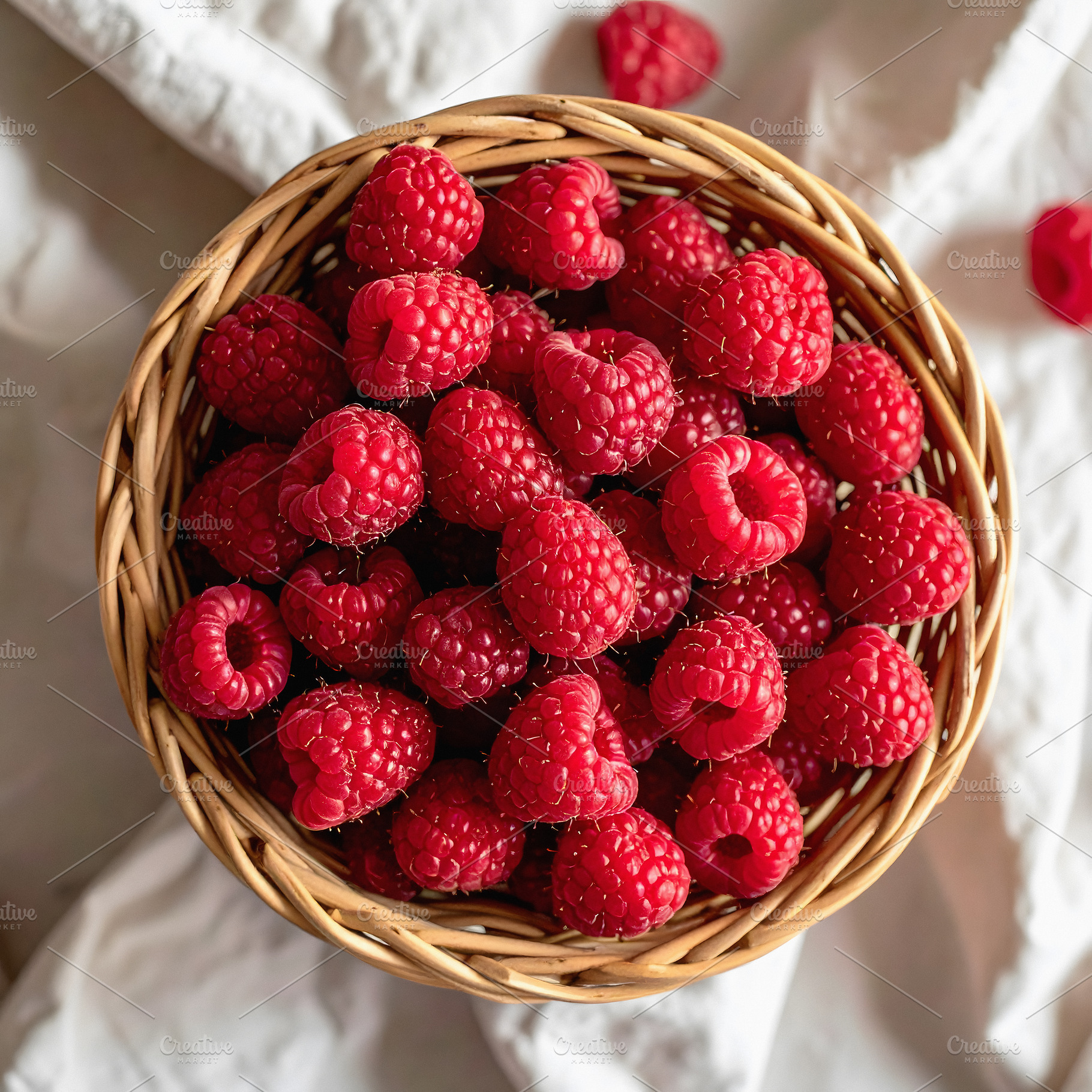 Overhead composition of ripe raspberries, a Food & Drink Photo by GoodGoods