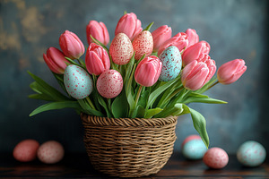 Colorful bouquet of tulips and decor, a Photo by Tanuart