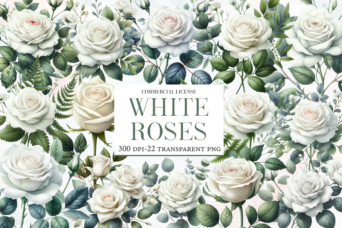 Watercolor White Roses Clipart, an Illustration by Designworld (Photo 1 of 5)