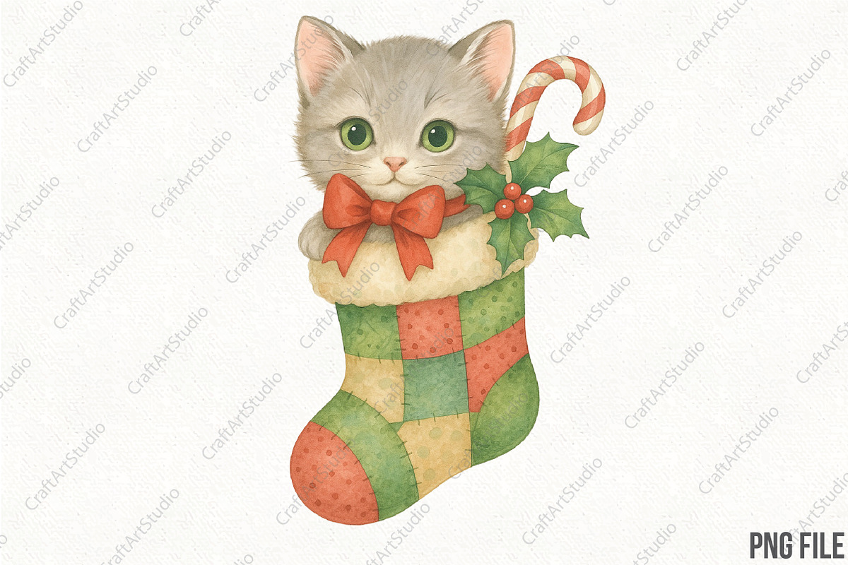 Christmas Cat Kitten Stocking PNG, an Illustration by CraftArtStudio (Photo 1 of 4)