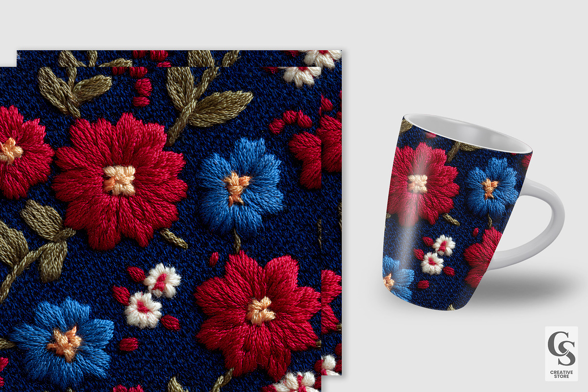 Red Blue Floral Embroidery Pattern, a Pattern Graphic by Creative Store (Photo 2 of 5)