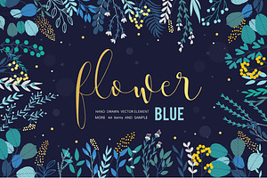 BLUE Flower-Leaves Hand Drawn Vector