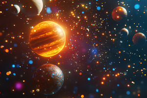 Celestial Bodies Glowing Planets Cos, an Abstract Photo by Pixeness Studio