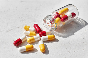 Small transparent pill and colorful capsules scattered from glass bottle on fla, a Health & Medical Photo by AlyaAnd