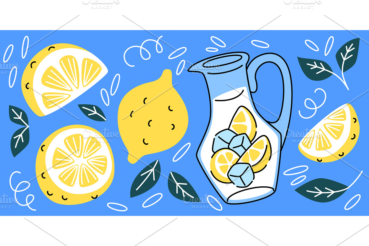 Lemons and lemonade jug pattern on, a Food Illustration by art PVP - market
