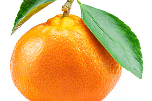 Ripe tangerine fruit with green leaves isolated on a white backg, a Food & Drink Photo by Volff