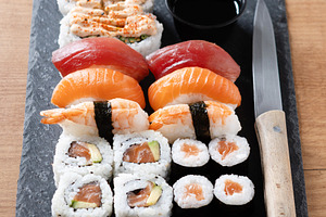 Assorted Sushi Selection and soy sauce, a Food & Drink Photo by etorres69