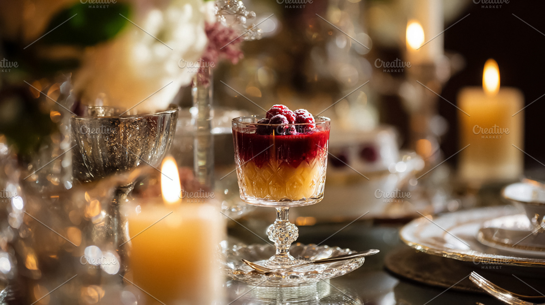 Elegant dessert parfait with raspberries on a formal dining tabl, a Photo by Studio ANNA