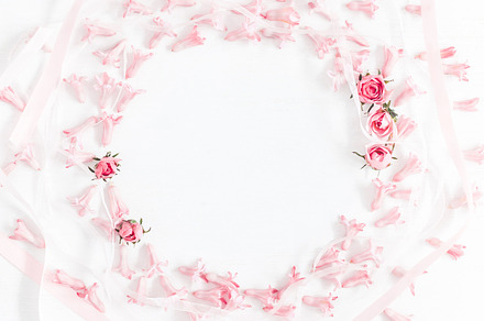 Pink flowers containing flat lay, top view, and overhead, an Arts & Entertainment Photo by Flaffy