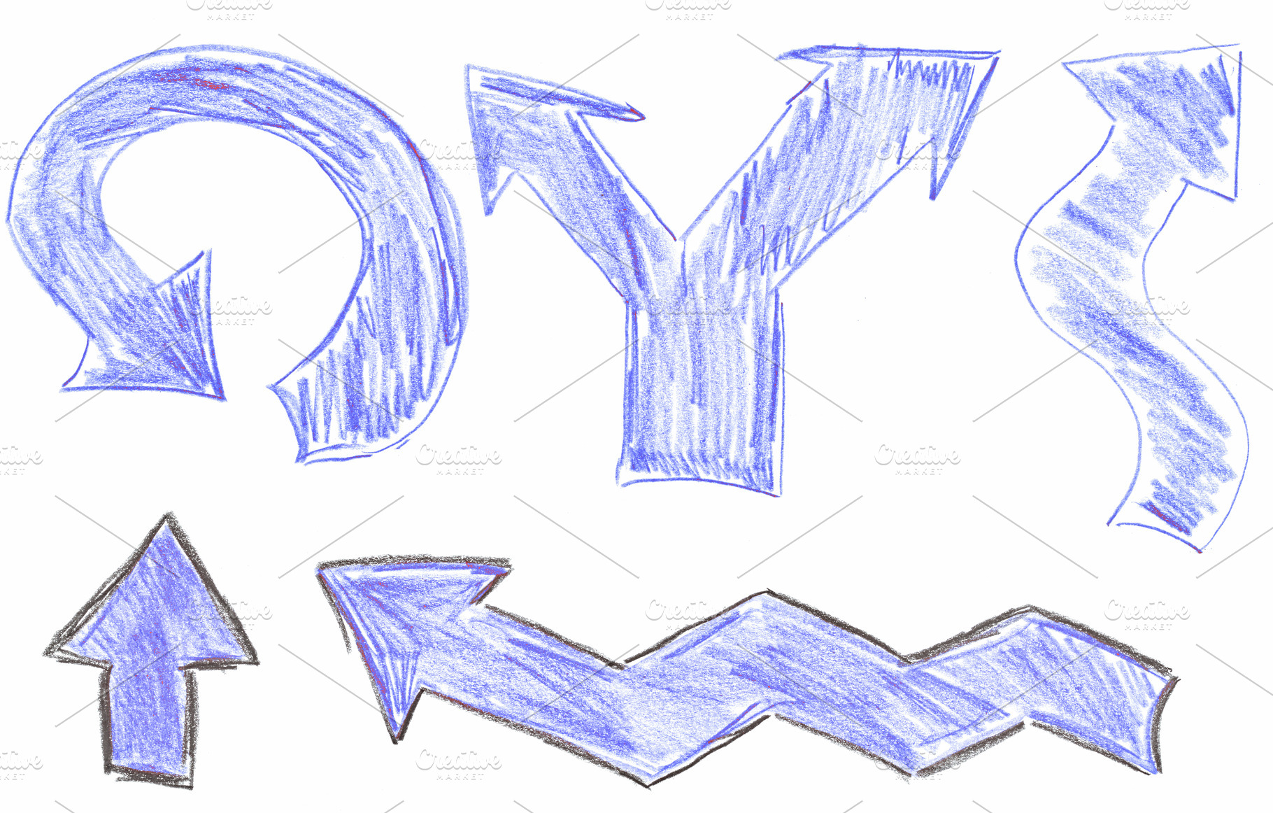 A set of assorted hand-drawn arrows in blue pencil, including cu, an Abstract Photo by ndanko