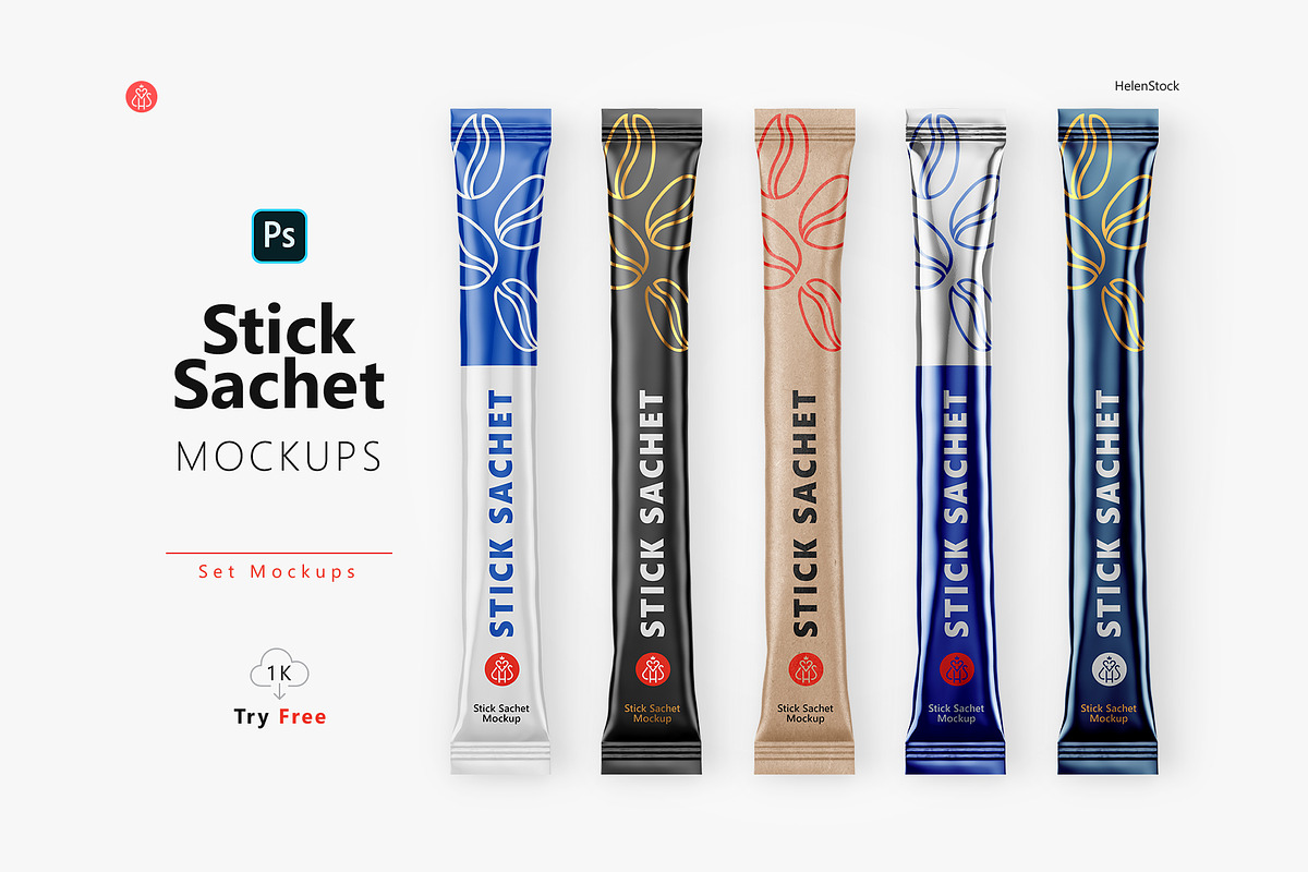 Stick Sachet Mockup - Top View, a Packaging Mockup by HelenStock (Photo 1 of 9)