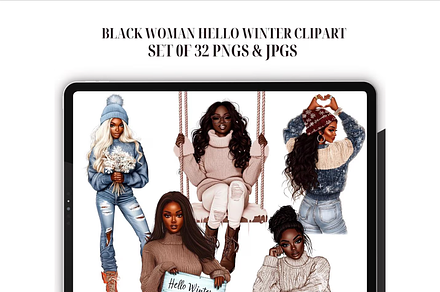 Black Woman Hello Winter Clipart